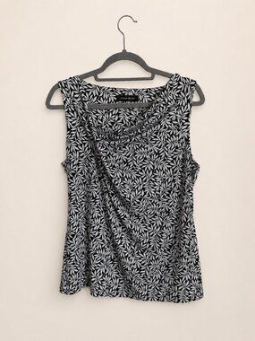 Ivanka Trump Black White Leaf Print Cowl Neck Blouse